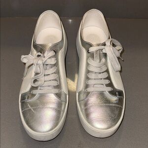 CHANEL Metallic Silver and White Sneakers